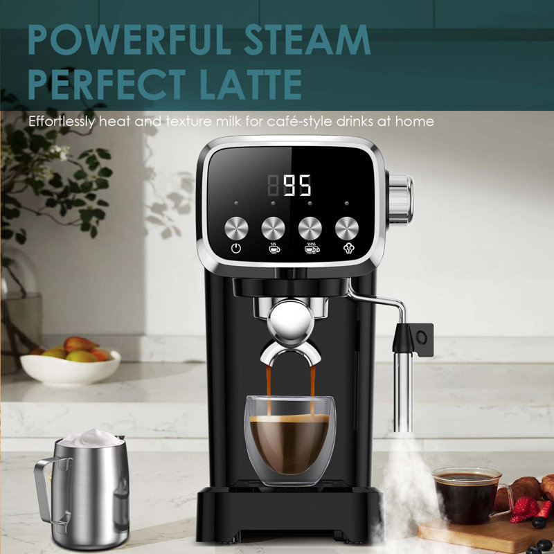 20 Bar Slim Vertical Espresso Machine With Milk Frother, 43 oz Tank, Built-in Cup Warmer, Screen Button, Compact Design, Black