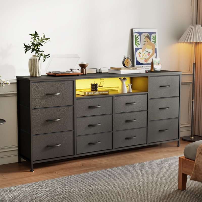 63" Dresser TV Stand for 65-75 Inch TVs, Fabric Chest with Charging Station, LED Lights & 12 Drawers, Black