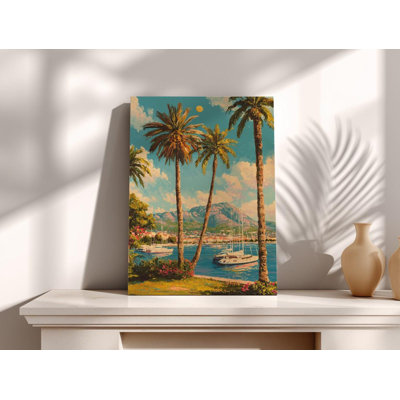 Art mural rétro sur toile de paysage marin tropical, impression de palmier rétro de la côte californienne, scène de port pour salon, décor côtier.