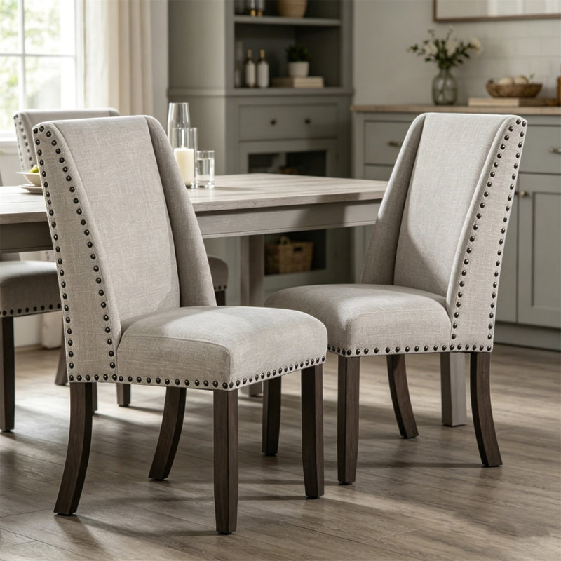 Ensemble de 2 élégantes chaises de salle à manger à haut dossier rembourrées avec garniture cloutée et pieds en bois massif de style classique