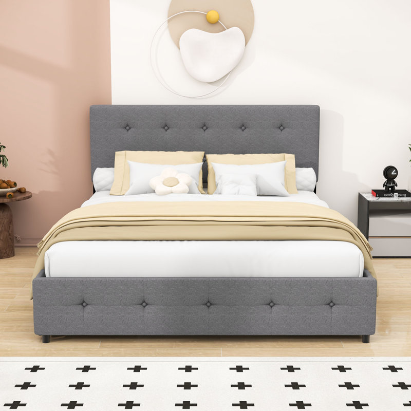 Queen Sized Upholstered Platform Bed with Tufted Headboard and Built-in Storage Drawers, Dark Gray