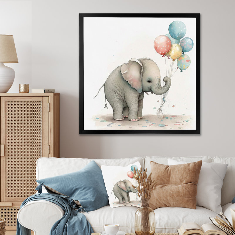 Nursery Adorable Elephant - reproduction sur toile, H 36 po x l 36 po x P 1,5 po, Cadre simple noir