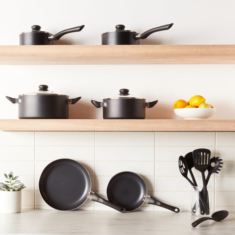 Non Stick Kitchen Cookware 15-Piece Set, Non-Induction, Includes Pots, Pans, and Utensils, Black