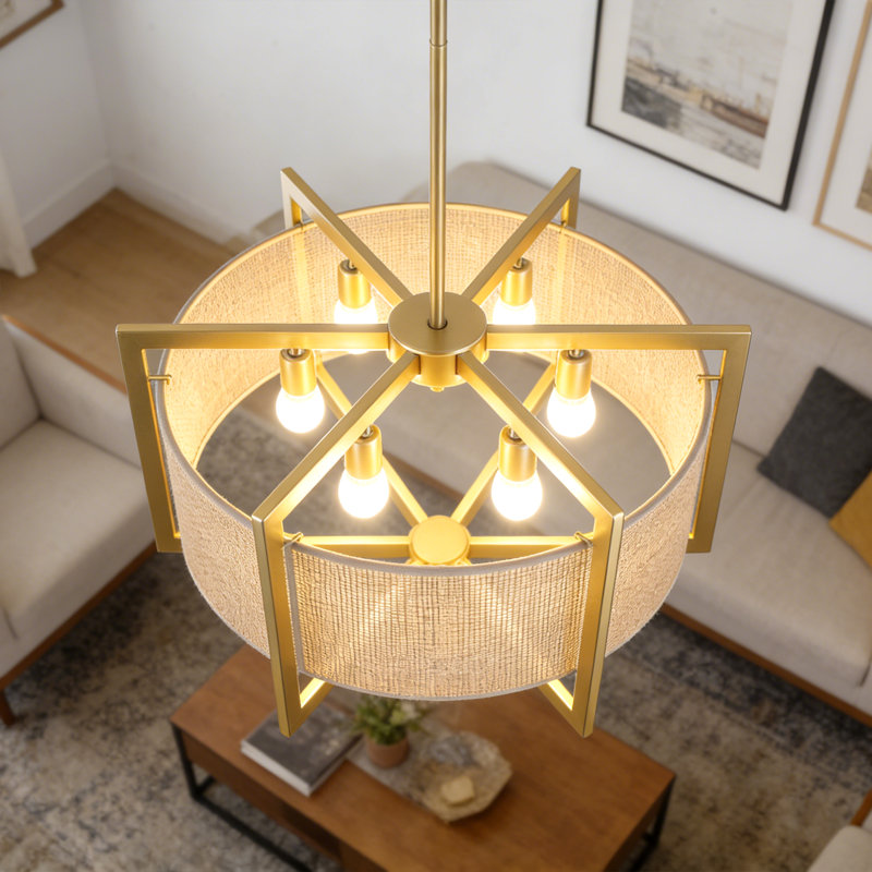 Nekoosa 6 - Light Dimmable Candle Style Geometric Hand-Woven Rattan Drum Chandeliers For Bedroom,Living Room,Foyer,Entryway,Hallway - 10.63" H X 21.56" W