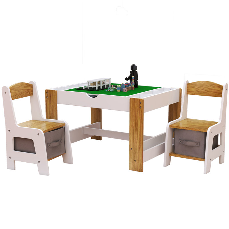 Kids Play Table And 2 Chair Set, 2 In 1 Wooden Activity Table W/storage, Compatible With Lego And Duplo Bricks, Play Building Block Table Set For Reading, Drawing, Build Blocks