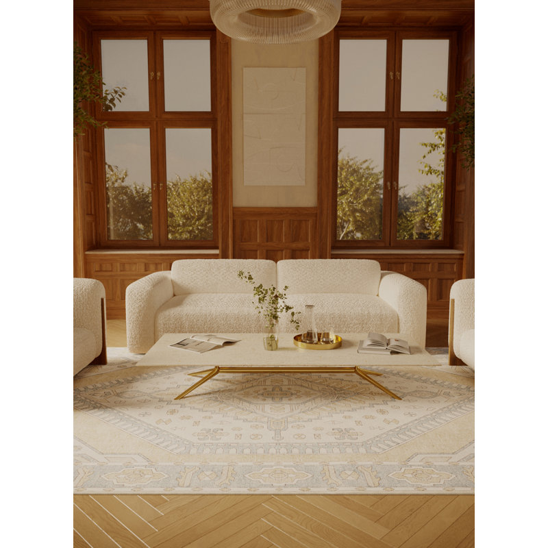 Tapis bleu / beige en chenille / polyester tissé à la main Marce, Carré 7 pi