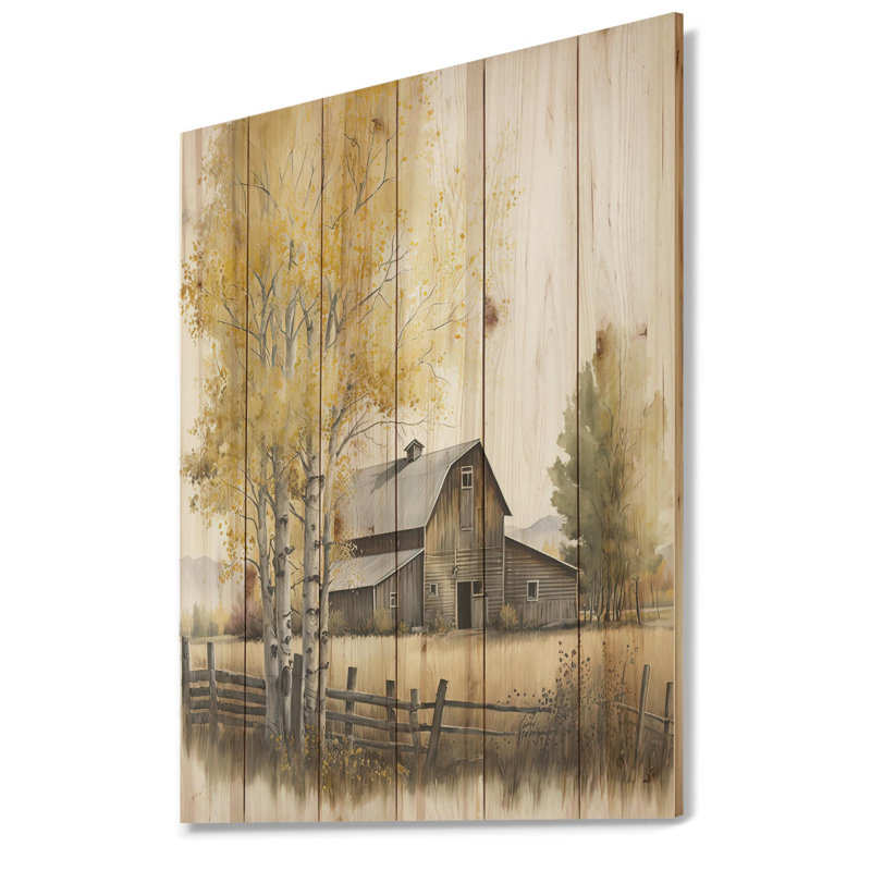 Grange jaune au printemps IV - impression sur bois sans cadre, H 40 po x l 30 po x P 1,5 po