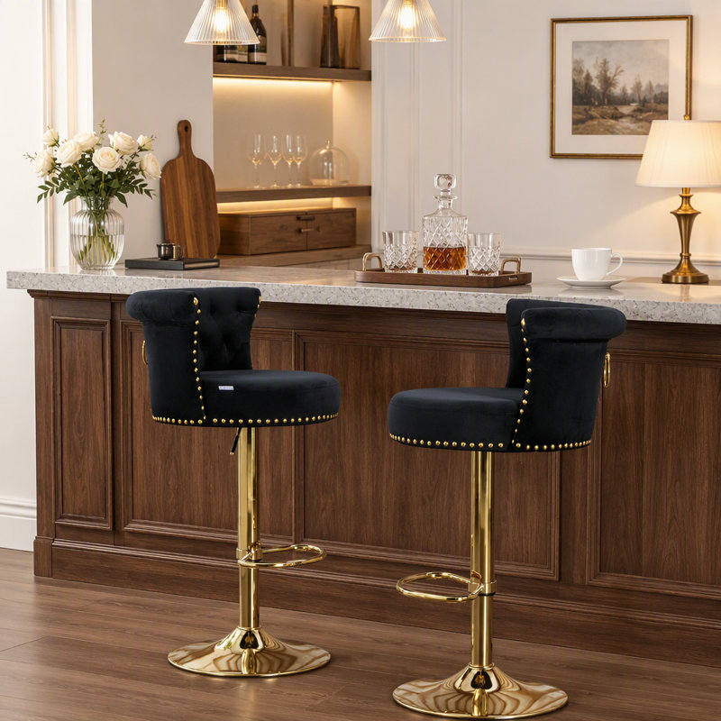 Chaise de bar rotative à hauteur réglable en un clic, dossier fabriqué à la main et coussin moelleux pour la cuisine, la salle à manger et le café