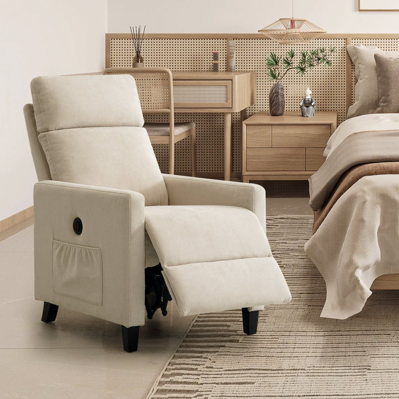 Haldeman Upholstered Power Recliner Sturdy and Durable for Use in Small Spaces, Beige Microfiber