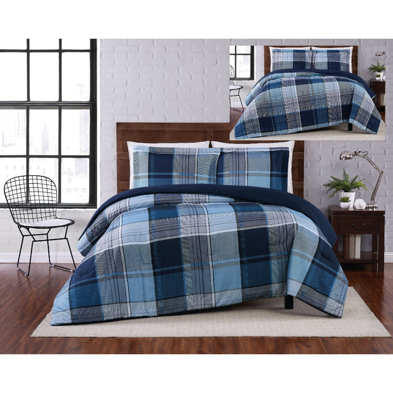 Full/Queen Blue Plaid Reversible Microfiber Comforter Set