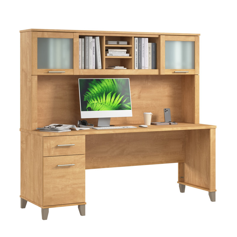 Bureau de 72 po avec huche et tiroirs Paelynn, bureau d'ordinateur avec rangement, bois moderne, croix en érable