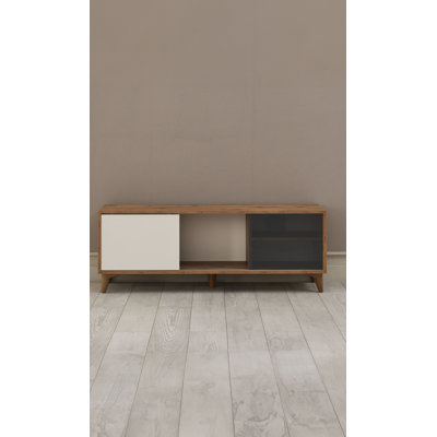 Meuble télé 55 po pour téléviseur de 60 po ou moins, console média Mid-Century avec portes coulissantes et tablettes ouvertes