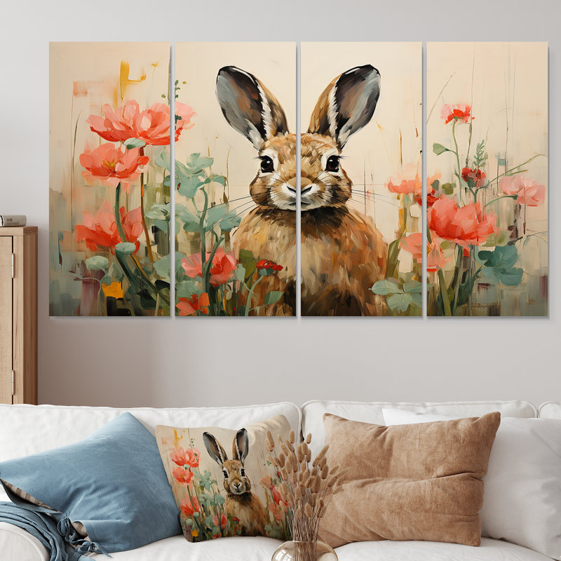 «Curious Floral Rabbit Meadow I», ensemble d'art mural 4 pièces, H 28 po x l 48 po