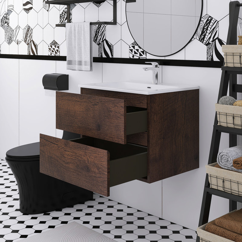 Meuble-lavabo mural 24 po avec lavabo en céramique à un trou, Noyer