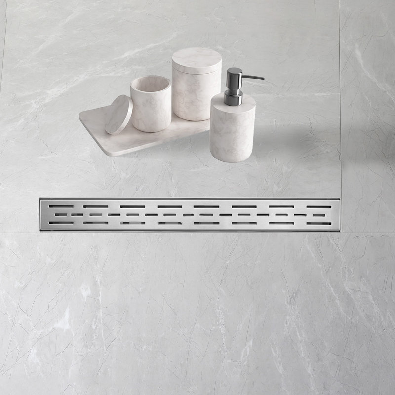 Brushed Nickel Stainless Steel Rectangle Shower Floor Drain,24-Inch Linear Drain With Leveling Feet,Hair Strainer,Removable Bar Pattern Grate