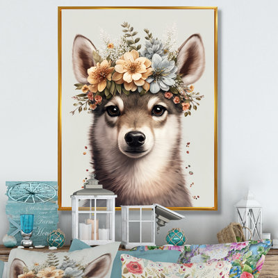 Mignon bébé Huskie avec couronne florale - art mural moderne sur toile