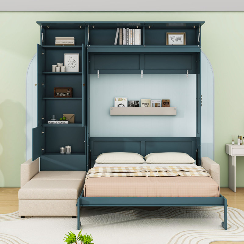 Lit escamotable en bois avec canapé en forme de L et armoires Murphy, Beige
