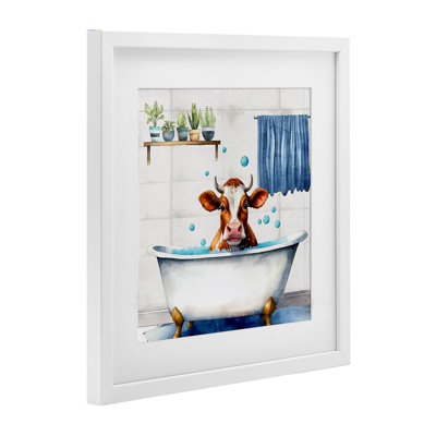 Suds Cow Bathtub Framed Print Under Glass, design by Kim Allen