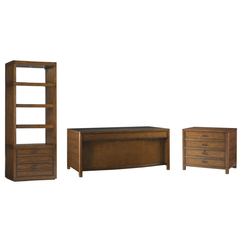 Transitional Brown Hickory Home Office Desk with Leather Top