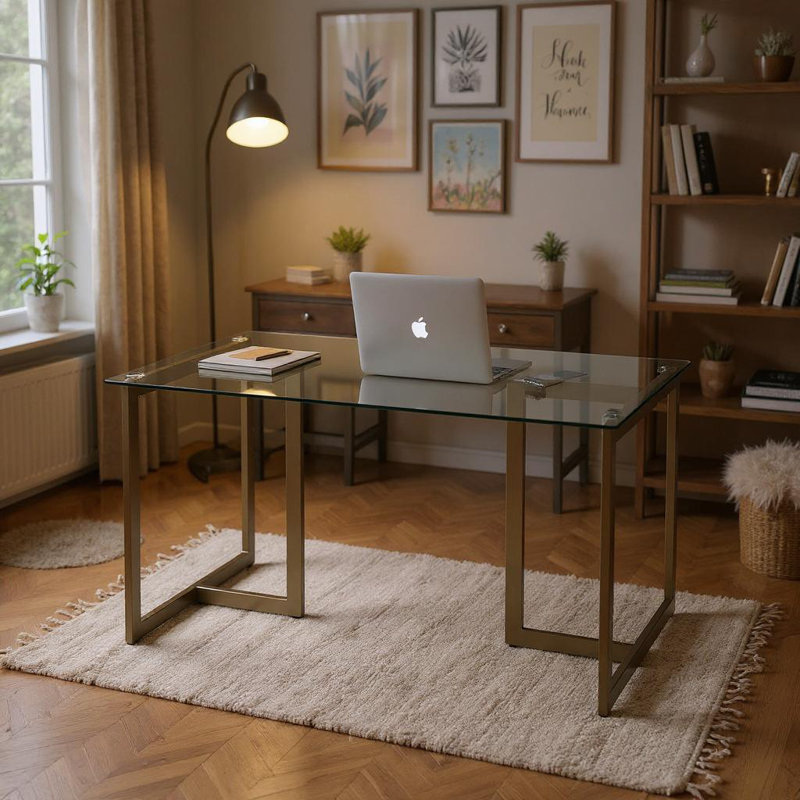 Bureau d'ordinateur moderne en verre avec plateau en verre trempé et structure en métal - Bureau d'écriture rectangulaire