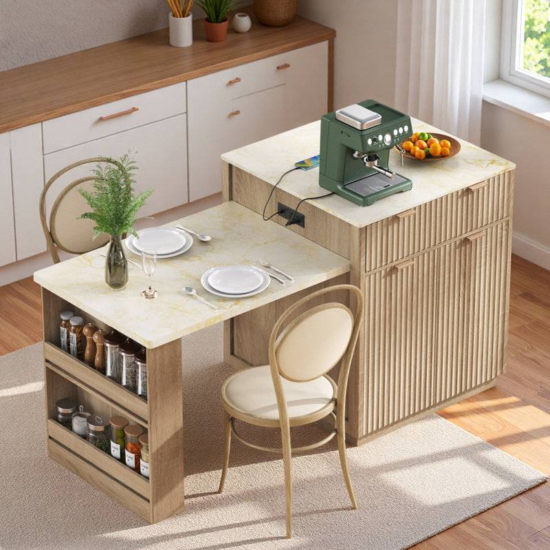 Fluted Kitchen Island With Extendable Dining Table, Power Outlet,  Double-side Storage, 2 Drawers And 2 Side Open Shelves