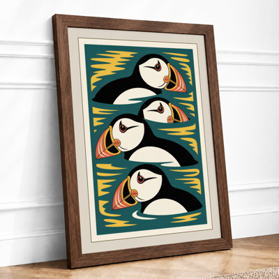Puffins in Teal Waters Art Deco 1 Piece Single Picture Frame Wall Art