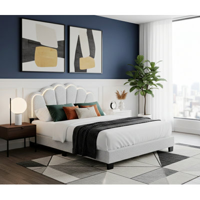 Lit élégant pour appartement, chambre d'amis, cadre de lit plateforme, cadre de lit plateforme tapissier avec lumières DEL intégrées