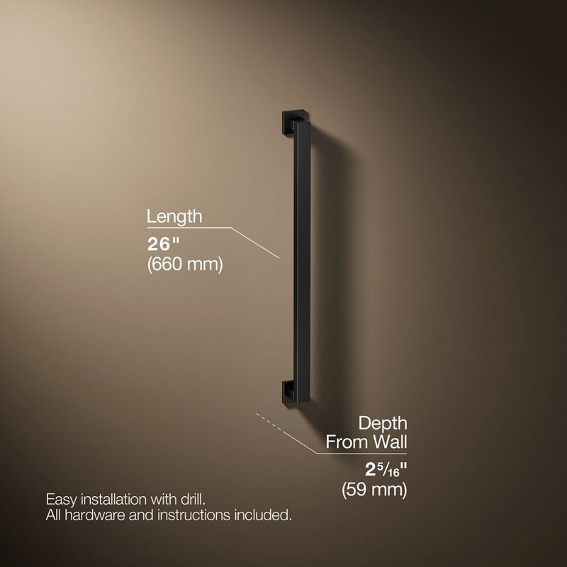Square Metal Grab Bar for Shower, Bathroom Safety Grab Bar, Tub Rail, 26" W, Matte Black