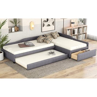 Twin Size Gray Daybed With Trundle And Drawer - Upholstered Comfort, Plywood Construction For Longevity & Base, Maximizes Space Utilization
