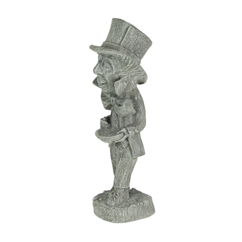 Statue de jardin fantaisiste en ciment représentant le Chapelier fou d'Alice au pays des merveilles, gris pâle, 49 cm de hauteur