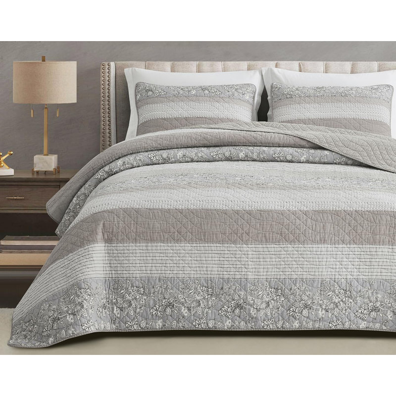 Oversized King Gray Cotton Patchwork Reversible Quilt Set