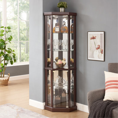Corner Lighted Curio Cabinet Corner Glass Cabinet Lighted Curio Cabinet Corner Display Case For Living Room, Curio Cabinet, Antique Collection, Wine,Bar Glass Storage Light Included