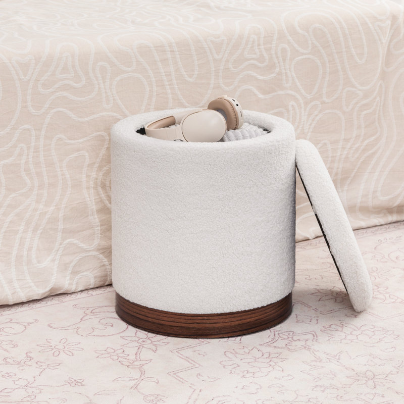 Teddy Fleece Round Ottoman With Stroage, Walnut
