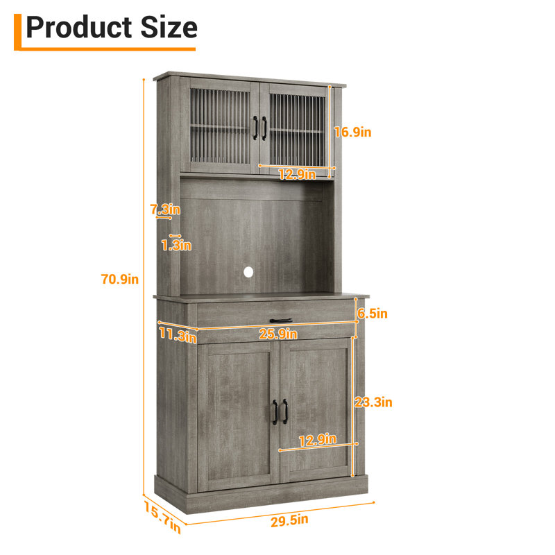 Garde-manger autoportant 71 po avec portes en verre, support pour micro-ondes et tiroir de rangement - grande rehausse de rangement pour la cuisine ou la salle à manger 71 po