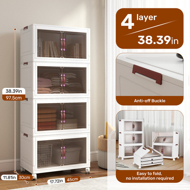 Armoire de rangement pliable à 4 niveaux - Organisateur pliable en plastique PP robuste pour placard, chambre à coucher, garage et dortoir, aucun outil nécessaire, facile à ranger