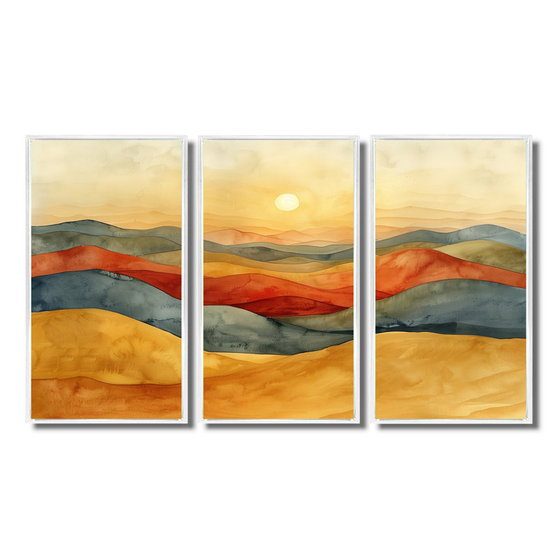 Orange, jaune, montagne abstraite, paysages, ensemble d'art mural, Toile encadrée flottée blanche, H 28 po x l 36 po x P 1 po