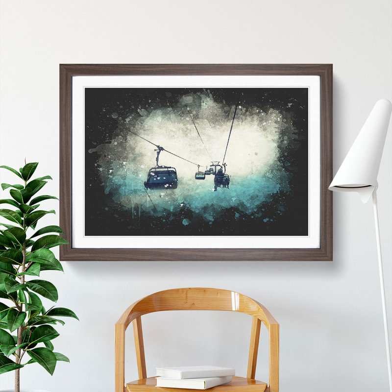 Ski Lift - Single Picture Frame Print on Wood, 65cm H x 90cm W x 2cm D, Walnut Framed