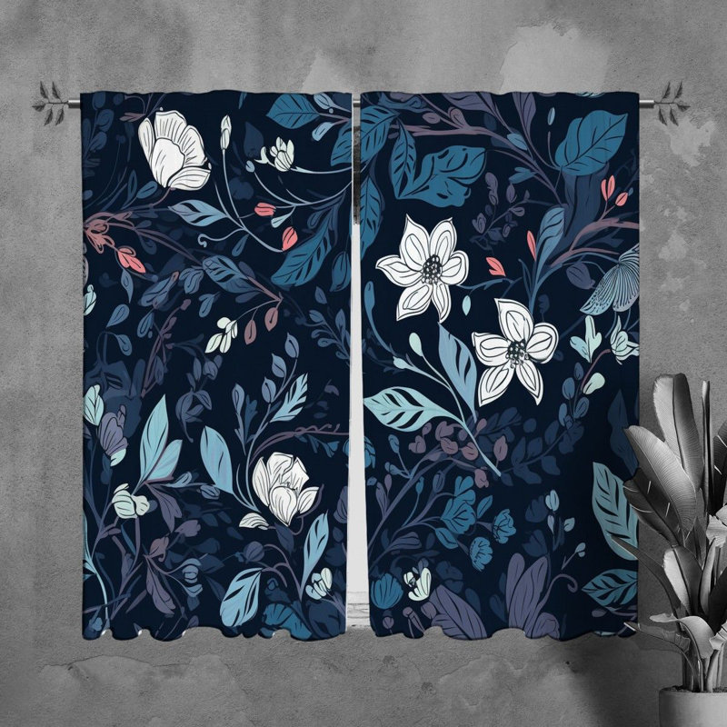 Rideaux de fenêtre à motif floral et drapeaux bleu marine, L 40 po x L 61 po