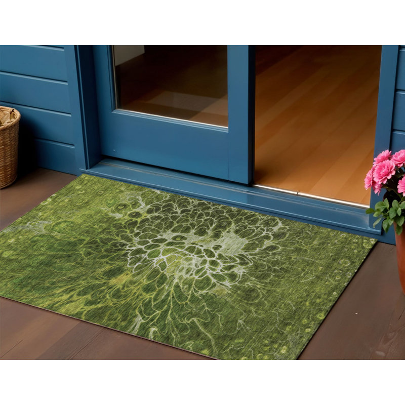 Tapis extérieur lavable abstrait vert olive et sauge 3 pi x 5 pi