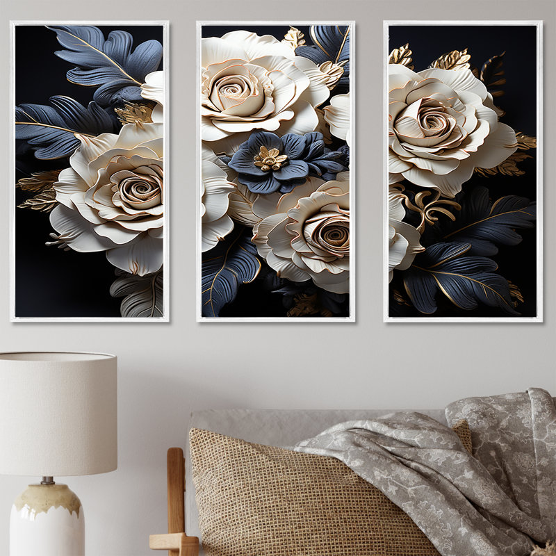 «Gray and Gold Rose Passion I - Roses», ensemble de reproduction d'art mural, Cadre flottant blanc