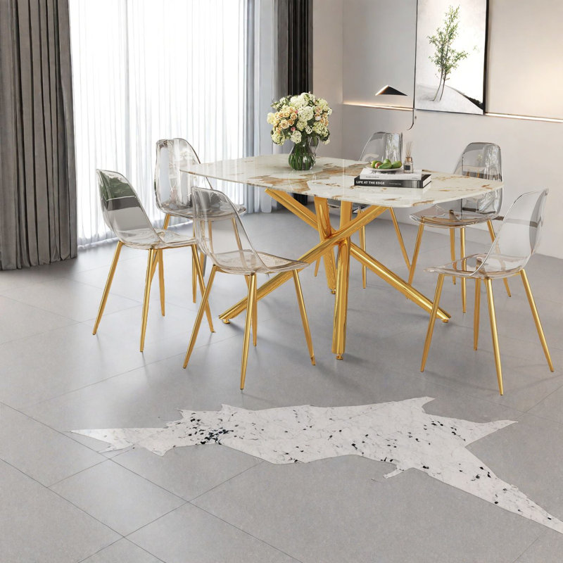 Luxurious Modern Dining Table Sets, Marble-pattern Glass, Gold & Transparent Chairs