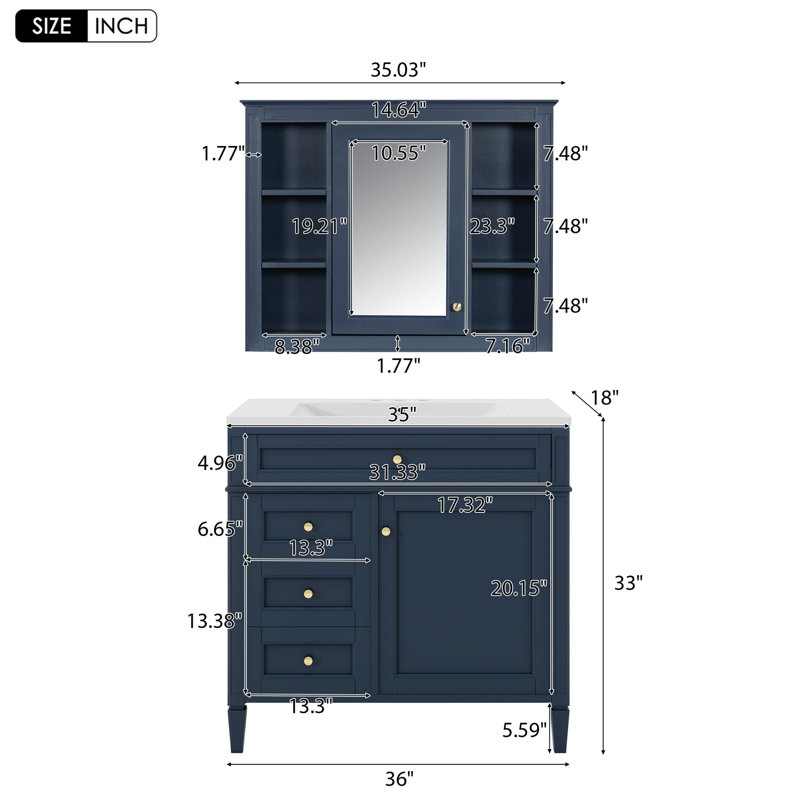 Meuble-lavabo simple avec plateau Jayliana, Bleu, Or