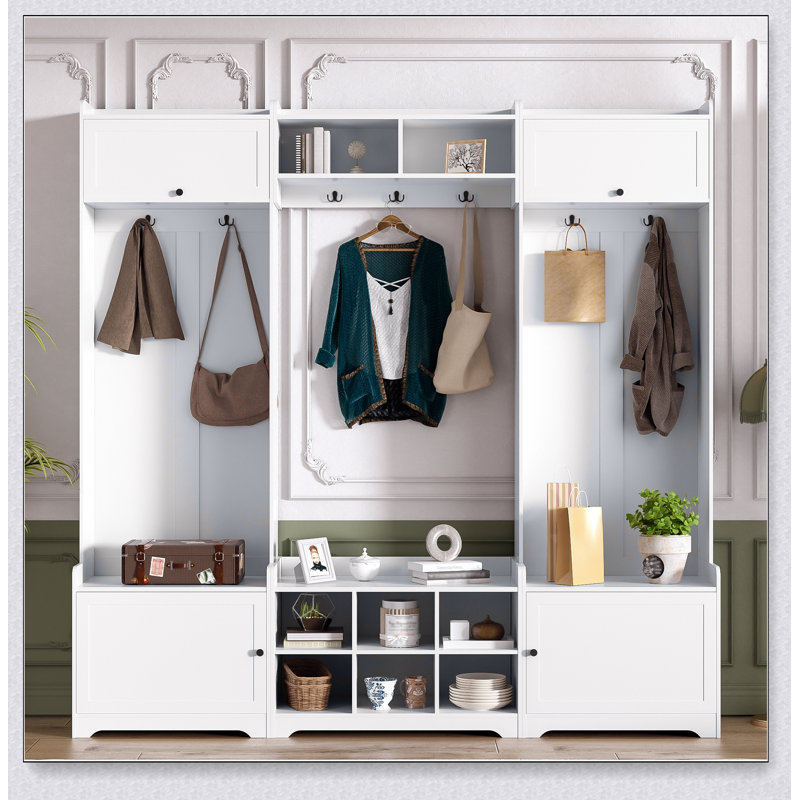 Portemanteau moderne de 79,1 po avec rangement pour chaussures, banc d'entrée 4 en 1, 8 casiers, 7 crochets et tablette réglable VIBE HAUS