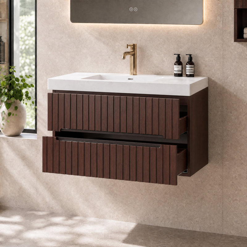 Meuble-lavabo simple, mural et suspendu, préassemblé, avec lavabo intégré en acrylique, brun foncé, 36"