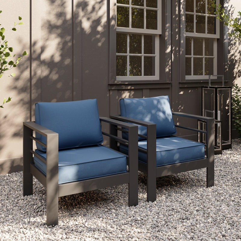 Bellewood 29.5" W Aluminum Patio Club Chairs, Gray Frame/Blue Cushion