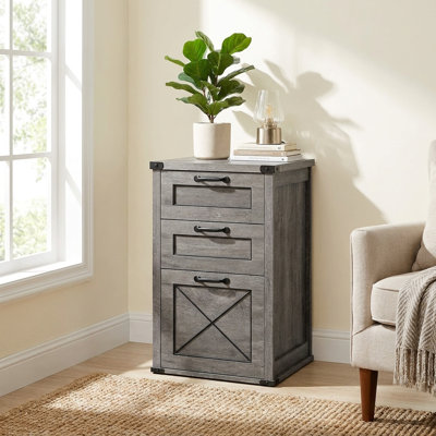 17.7''W Farmhouse Barn Door 3-Drawer File Cabinet with Adjustable File Rail, Gray