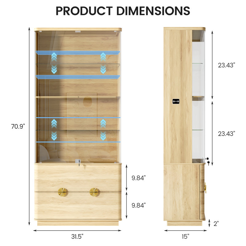 70.9'' H 2-Drawer Display Cabinet With Human Sensor Light And Lock, Oak