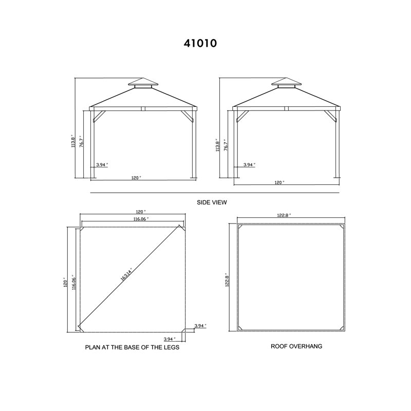 Gazebo Penguin Yosemite 3 m x 3 m, toit double en acier galvanisé, poteaux en aluminium, fini bois, 10 pi. L 10 pi. D