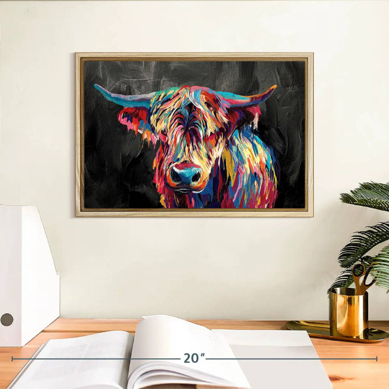 Colourful Highland Cow, Floating Frame Natural Wood, 13" X 9"