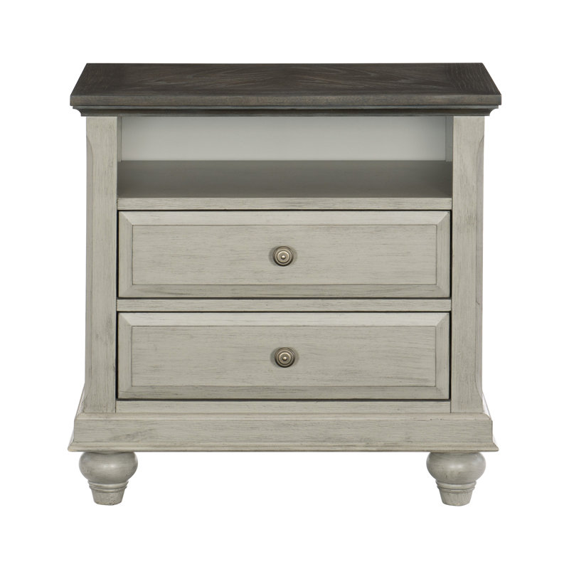 Table de bout classique à 2 tiroirs avec dessus de table de chevet gris et brun foncé avec rangement à 2 tiroirs